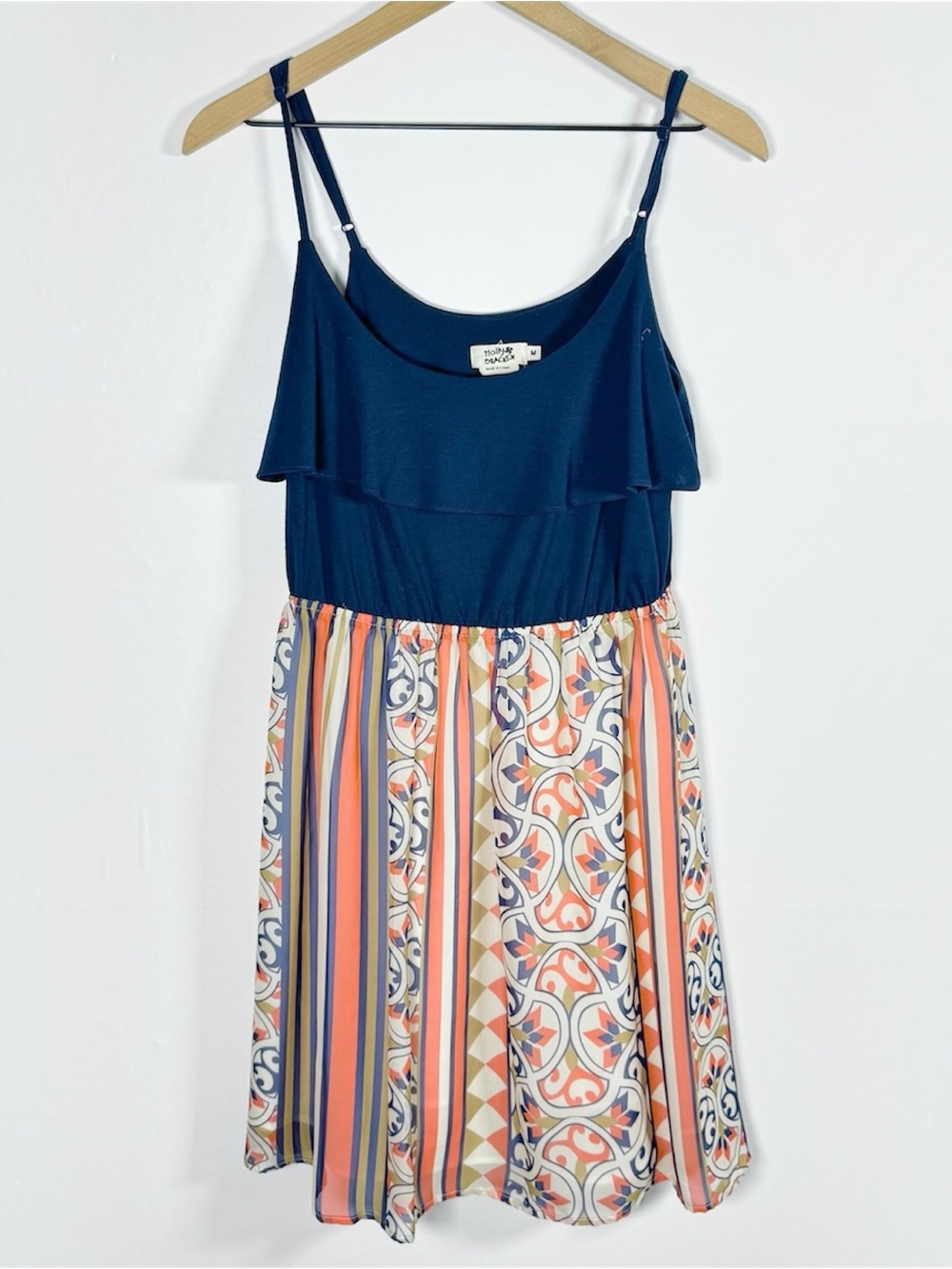 MOLLY BRACKEN Strappy Navy Peach Ruffle Mosaic Print Layered Mini Dress Sz M